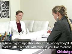NymphoClips presents: Lesbian agent pussylicked by casting babe
