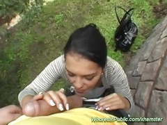 NymphoClips presents: Young busty gives outdoor blowjob