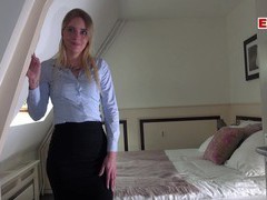 NymphoClips presents: German female real estate agent secretary in pantyhose fuck