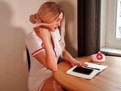 NymphoClips presents: German nurse lauren help guy with sex to get a sperm sample