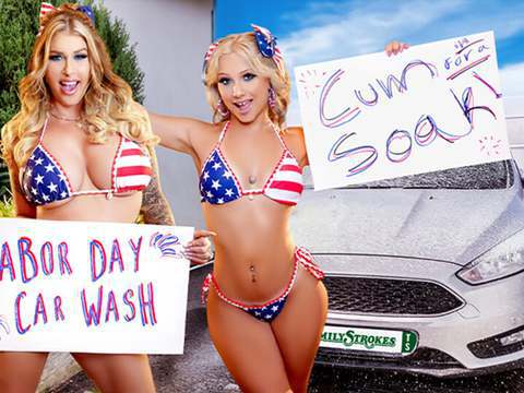 NymphoClips presents: Car wash duo shake tits and score big