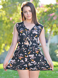 NymphoClips presents: Svelte american dark-haired teen Kylie Quinn in shorts toys her twat outdoor