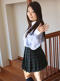 NymphoClips presents: Asian schoolgirl Tomoyo Hoshino strips to stockings and poses outdoors